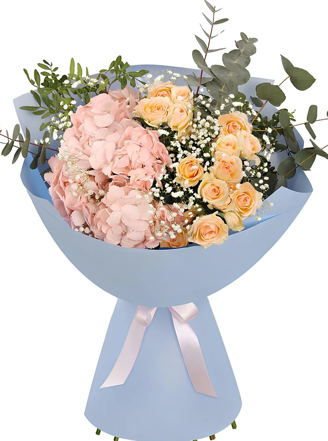 Pembe Ortanca Süslü Buket