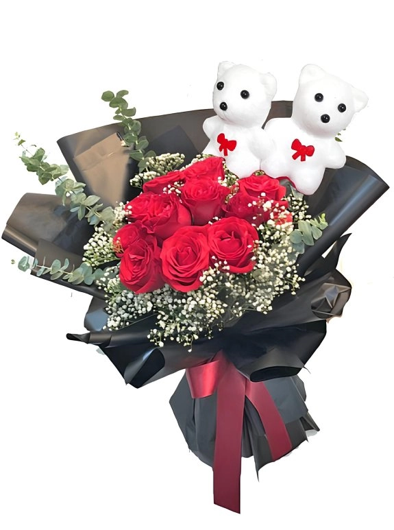 9 Kırmızı Gül ve Sevimli Ayıcık Buketi